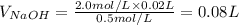 V_{NaOH} = \frac{2.0 mol/L\times 0.02L}{0.5 mol/L} = 0.08 L
