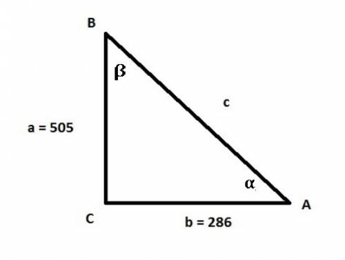 Aright triangle (triangle 1) has measurements of a = 505 mm and b = 286 mm. what are the measurement