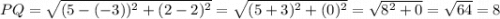 PQ=\sqrt{(5-(-3))^2+(2-2)^2}  = \sqrt{(5+3)^2+(0)^2} = \sqrt{8^2+0} = \sqrt{64} =8
