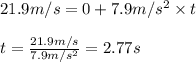 21.9 m/s=0+7.9 m/s^2\times t\\\\t =\frac{21.9m/s}{7.9 m/s^2} =2.77 s