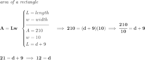 \bf \textit{area of a rectangle}\\\\&#10;A=Lw~~&#10;\begin{cases}&#10;L=length\\&#10;w=width\\[-0.5em]&#10;\hrulefill\\&#10;A=210\\&#10;w=10\\&#10;L=d+9&#10;\end{cases}\implies 210=(d+9)(10)\implies \cfrac{210}{10}=d+9&#10;\\\\\\&#10;21=d+9\implies 12=d
