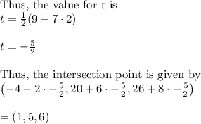 \text{Thus, the value for t is }\\&#10;t=\frac{1}{2}(9-7\cdot 2)\\&#10;\\&#10;t=-\frac{5}{2}\\&#10;\\&#10;\text{Thus, the intersection point is given by}\\&#10;\left (-4-2\cdot -\frac{5}{2},20+6\cdot -\frac{5}{2},26+8\cdot -\frac{5}{2}  \right )\\&#10;\\&#10;=(1,5,6)