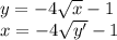 y=-4\sqrt{x} -1\\x=-4\sqrt{y'} -1