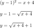 (y-1)^2=x+4\\\\y-1=\sqrt{x+4}\\\\y=\sqrt{x+4}+1