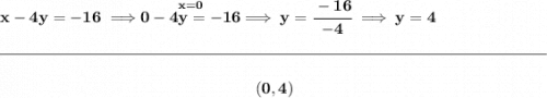 \bf x-4y=-16\implies \stackrel{x=0}{0-4y=-16}\implies y=\cfrac{-16}{-4}\implies y=4&#10;\\\\[-0.35em]&#10;\rule{34em}{0.25pt}\\\\&#10;~\hfill (0,4)~\hfill