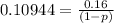 0.10944 = \frac{0.16}{(1-p)}