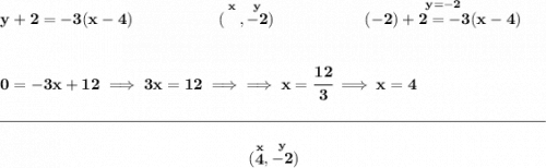 \bf y+2=-3(x-4)~\hspace{5em}(\stackrel{x}{\phantom{X}},\stackrel{y}{-2})~\hspace{5em} \stackrel{y=-2}{(-2)+2=-3(x-4)}&#10;\\\\\\&#10;0=-3x+12\implies 3x=12\implies \implies x=\cfrac{12}{3}\implies x=4&#10;\\\\[-0.35em]&#10;\rule{34em}{0.25pt}\\\\&#10;~\hfill (\stackrel{x}{4},\stackrel{y}{-2})~\hfill