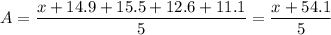 A = \dfrac{x+14.9+15.5+12.6+11.1}{5} = \dfrac{x+54.1}{5}