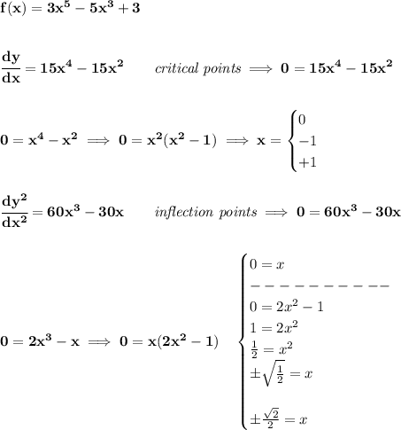 \bf f(x)=3x^5-5x^3+3&#10;\\\\\\&#10;\cfrac{dy}{dx}=15x^4-15x^2\qquad \textit{critical points}\implies 0=15x^4-15x^2&#10;\\\\\\&#10;0=x^4-x^2\implies 0=x^2(x^2-1)\implies x=&#10;\begin{cases}&#10;0\\&#10;-1\\&#10;+1&#10;\end{cases}&#10;\\\\\\&#10;\cfrac{dy^2}{dx^2}= 60x^3-30x\qquad \textit{inflection points}\implies 0=60x^3-30x&#10;\\\\\\&#10;0=2x^3-x\implies 0=x(2x^2-1)\quad &#10;\begin{cases}&#10;0=x\\&#10;----------\\&#10;0=2x^2-1\\&#10;1=2x^2\\&#10;\frac{1}{2}=x^2\\&#10;\pm\sqrt{\frac{1}{2}}=x\\\\&#10;\pm\frac{\sqrt{2}}{2}=x&#10;\end{cases}