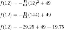 f(12)=-\frac{13}{64}(12)^{2}+49\\&#10;\\&#10;f(12)=-\frac{13}{64}(144)+49\\&#10;\\&#10;f(12)=-29.25+49=19.75