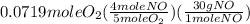 0.0719moleO_2(\frac{4moleNO}{5moleO_2})(\frac{30gNO}{1moleNO})