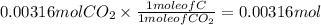 0.00316 mol CO_2\times \frac{1 mole of C}{1 mole of CO_2} = 0.00316 mol