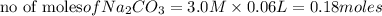 \text{no of moles}of Na_2CO_3={3.0M}\times {0.06 L}=0.18moles