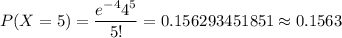 P(X=5)=\dfrac{e^{-4}4^5}{5!}=0.156293451851\approx0.1563