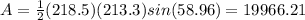 A=\frac{1}{2}(218.5)(213.3)sin(58.96)=19966.21