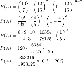 \displaystyle&#10;P(A)=\binom{10}{7}\cdot\left(\dfrac{12}{15}\right)^7\cdot\left(1-\dfrac{12}{15}\right)^{10-7}\\\\&#10;P(A)=\dfrac{10!}{7!3!}\cdot\left(\dfrac{4}{5}\right)^7\cdot\left(1-\dfrac{4}{5}\right)^3\\\\&#10;P(A)=\dfrac{8\cdot9\cdot10}{2\cdot3}\cdot\dfrac{16384}{78125}\cdot\left(\dfrac{1}{5}\right)^3\\\\&#10;P(A)=120\cdot\dfrac{16384}{78125}\cdot\dfrac{1}{125}\\\\&#10;P(A)=\dfrac{393216}{1953125}\approx0.2=20\%