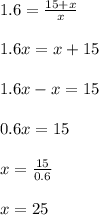 1.6=\frac{15+x}{x}\\\\1.6x=x+15\\\\1.6x-x=15\\\\0.6x=15\\\\x=\frac{15}{0.6}\\\\x=25