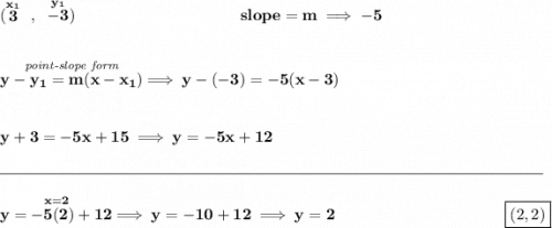 \bf (\stackrel{x_1}{3}~,~\stackrel{y_1}{-3})~\hspace{10em} slope =  m\implies -5 \\\\\\ \stackrel{\textit{point-slope form}}{y- y_1= m(x- x_1)}\implies y-(-3)=-5(x-3) \\\\\\ y+3=-5x+15\implies y=-5x+12 \\\\[-0.35em] \rule{34em}{0.25pt}\\\\ \stackrel{x=2}{y=-5(2)+12}\implies y=-10+12\implies y=2~\hfill \boxed{(2,2)}