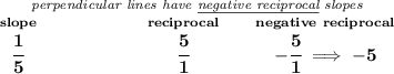 \bf \stackrel{\textit{perpendicular lines have \underline{negative reciprocal} slopes}}{\stackrel{slope}{\cfrac{1}{5}}\qquad \qquad \qquad \stackrel{reciprocal}{\cfrac{5}{1}}\qquad \stackrel{negative~reciprocal}{-\cfrac{5}{1}\implies -5}}