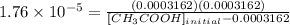 1.76\times 10^{-5}=\frac{(0.0003162)(0.0003162)}{[CH_{3}COOH]_{initial}-0.0003162}