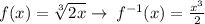 f(x) = \sqrt[3]{2x} \rightarrow \: {f}^{ - 1}(x) = \frac{ {x}^{3} }{2}