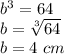 b^{3} = 64 \\b= \sqrt[3]{64} \\b= 4\ cm