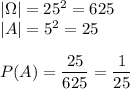 |\Omega|=25^2=625\\ |A|=5^2=25\\\\ P(A)=\dfrac{25}{625}=\dfrac{1}{25}