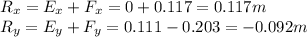 R_x = E_x + F_x = 0+0.117 = 0.117 m\\R_y = E_y + F_y = 0.111 -0.203 = -0.092 m