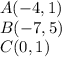 A(-4,1)\\B(-7,5)\\C(0,1)