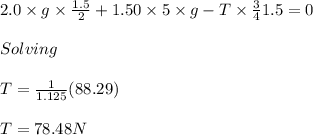 2.0\times g\times \frac{1.5}{2}+1.50\times 5\times g-T\times \frac{3}{4}1.5=0\\\\Solving\\\\T=\frac{1}{1.125}(88.29)\\\\T=78.48N
