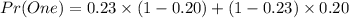 Pr(One) = 0.23 \times (1 - 0.20) + (1 - 0.23) \times 0.20