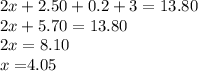 2x+ 2.50+0.2+3 = 13.80&#10;\\&#10;2x + 5.70 =13.80&#10;\\&#10;2x = 8.10&#10;\\&#10;x = $4.05