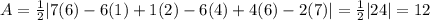 A = \frac 1 2 | 7(6)-6(1) + 1(2)-6(4) + 4(6)-2(7) | = \frac 1 2 |24| = 12