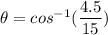 \theta=cos^{-1}(\dfrac{4.5}{15})