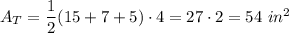 A_T=\dfrac{1}{2}(15+7+5)\cdot4=27\cdot2=54\ in^2