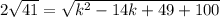 2\sqrt{41} =\sqrt{k^2-14k+49+100}