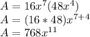 A=16x^7(48x^4)\\ A=(16*48)x^{7+4}\\ A=768x^{11}