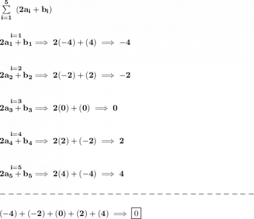 \bf \sum\limits_{i=1}^{5}~(2a_i+b_i) \\\\\\ \stackrel{i=1}{2a_1+b_1}\implies 2(-4)+(4)\implies -4 \\\\\\ \stackrel{i=2}{2a_2+b_2}\implies 2(-2)+(2)\implies -2 \\\\\\ \stackrel{i=3}{2a_3+b_3}\implies 2(0)+(0)\implies 0 \\\\\\ \stackrel{i=4}{2a_4+b_4}\implies 2(2)+(-2)\implies 2 \\\\\\ \stackrel{i=5}{2a_5+b_5}\implies 2(4)+(-4)\implies 4\\\\ -------------------------------\\\\ (-4)+(-2)+(0)+(2)+(4)\implies \boxed{0}