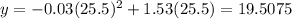 y=-0.03(25.5)^2+1.53(25.5)=19.5075