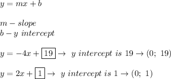 y=mx+b\\\\m-slope\\b-y\ intercept\\\\y=-4x+\boxed{19}\to\ y\ intercept\ is\ 19\to(0;\ 19)\\\\y=2x+\boxed{1}\to\ y\ intercept\ is\ 1\to(0;\ 1)