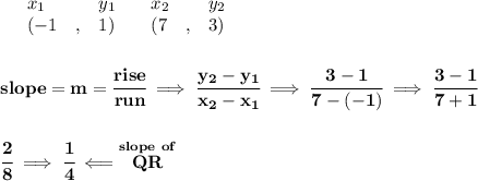 \bf \begin{array}{lllll}&#10;&x_1&y_1&x_2&y_2\\&#10;%   (a,b)&#10;&({{ -1}}\quad ,&{{ 1}})\quad &#10;%   (c,d)&#10;&({{ 7}}\quad ,&{{ 3}})&#10;\end{array}&#10;\\\\\\&#10;% slope  = m&#10;slope = {{ m}}= \cfrac{rise}{run} \implies &#10;\cfrac{{{ y_2}}-{{ y_1}}}{{{ x_2}}-{{ x_1}}}\implies \cfrac{3-1}{7-(-1)}\implies \cfrac{3-1}{7+1}&#10;\\\\\\&#10;\cfrac{2}{8}\implies \cfrac{1}{4}\impliedby \stackrel{slope~of}{QR}