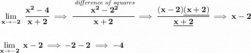 \bf \lim\limits_{x\to -2}~\cfrac{x^2-4}{x+2}\implies \cfrac{\stackrel{\textit{difference of squares}}{x^2-2^2}}{x+2}\implies \cfrac{(x-2)\underline{(x+2)}}{\underline{x+2}}\implies x-2 \\\\\\ \lim\limits_{x\to -2}~x-2\implies -2-2\implies -4