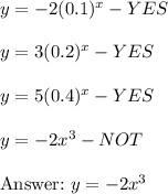 y=-2(0.1)^x-YES\\\\y=3(0.2)^x-YES\\\\y=5(0.4)^x-YES\\\\y=-2x^3-NOT\\\\\text{}\ y=-2x^3