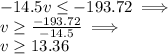 -14.5v \leq -193.72 \implies\\ v \geq \frac{-193.72}{-14.5}\implies\\v \geq 13.36