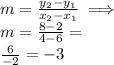 m=\frac{y_2-y_1}{x_2-x_1} \implies \\ m= \frac{8-2}{4-6} = \\ \frac{6}{-2}=-3