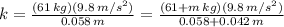 k =  \frac{(61 \, kg)(9.8 \, m/s^{2})}{0.058 \, m} = \frac{(61+m \, kg)(9.8 \, m/s^{2})}{0.058+0.042 \, m}