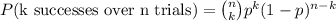 P (\text{k successes over n trials}) = \binom{n}{k} p^k (1-p)^ {n-k}