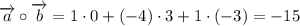 \overrightarrow{a}\circ\overrightarrow{b}=1\cdot0+(-4)\cdot3+1\cdot(-3)=-15