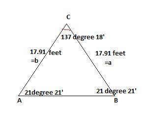And isosceles triangle has a bird types angle of 21. 21°. the two sides of the triangle reach 17.91