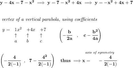 \bf y-4x=7-x^2\implies y=7-x^2+4x\implies y=-x^2+4x+7&#10;\\\\\\&#10;\textit{ vertex of a vertical parabola, using coefficients}\\\\&#10;\begin{array}{llll}&#10;y = &{{ 1}}x^2&{{ +4}}x&{{ +7}}\\&#10;&\uparrow &\uparrow &\uparrow \\&#10;&a&b&c&#10;\end{array}\qquad &#10;\left(-\cfrac{{{ b}}}{2{{ a}}}\quad ,\quad  {{ c}}-\cfrac{{{ b}}^2}{4{{ a}}}\right)&#10;\\\\\\&#10;\left(-\cfrac{4}{2(-1)}~~,~~7-\cfrac{4^2}{2(-1)}  \right)\quad thus\implies \stackrel{\textit{axis of symmetry}}{x=~~~~-\cfrac{4}{2(-1)}}